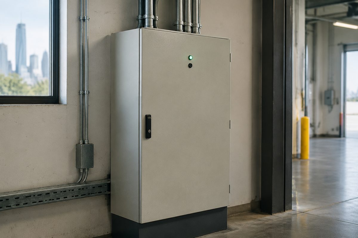 Closed industrial control cabinet with a status indicator